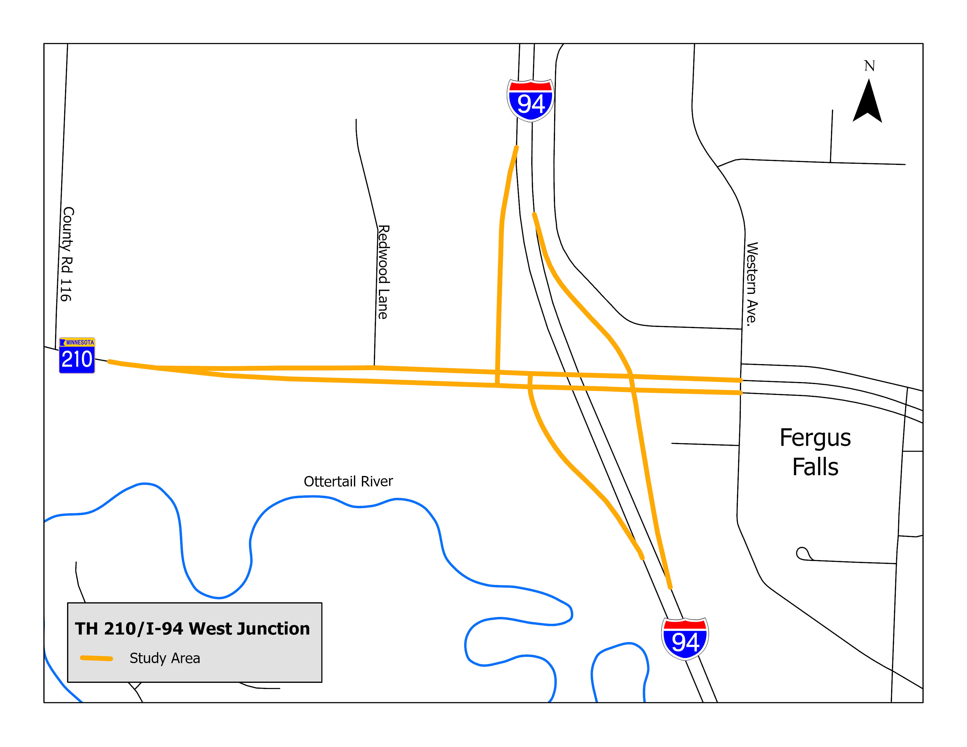 Map shows project limits on Highway 210 at the west junction of I-94 in Fergus Falls